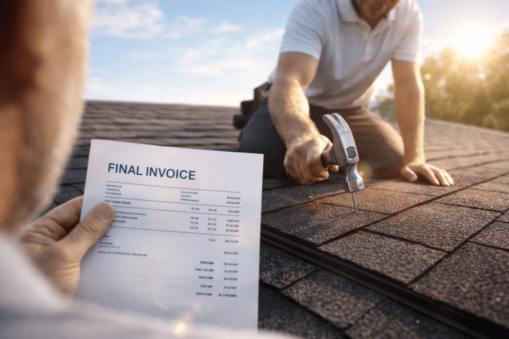 A person holds a final invoice while another person uses a hammer to repair roof shingles in sunlight. The focus is on the invoice and the ongoing roof work in the background.