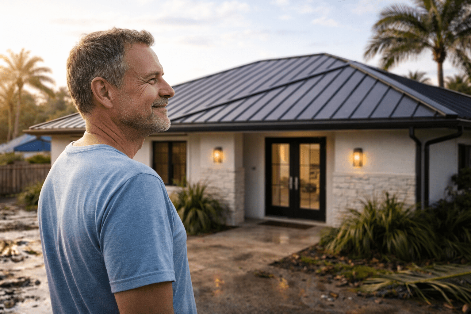 A man in a light blue shirt stands outside, smiling and looking at a modern house with a metal roof, stone accents, and warmly lit entrance, surrounded by palm trees and greenery.