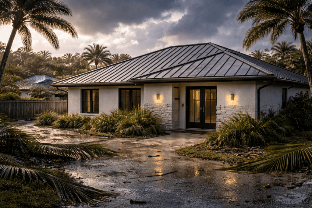 A modern, single-story house with a metal roof surrounded by palm trees. The driveway is wet, reflecting recent rain, and dramatic clouds fill the sky at sunset. Outdoor lights illuminate the entrance.