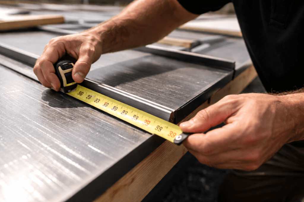 A person measures a metal sheet with a yellow tape measure, holding it against the edge of the material on a wooden surface, outdoors in bright light.