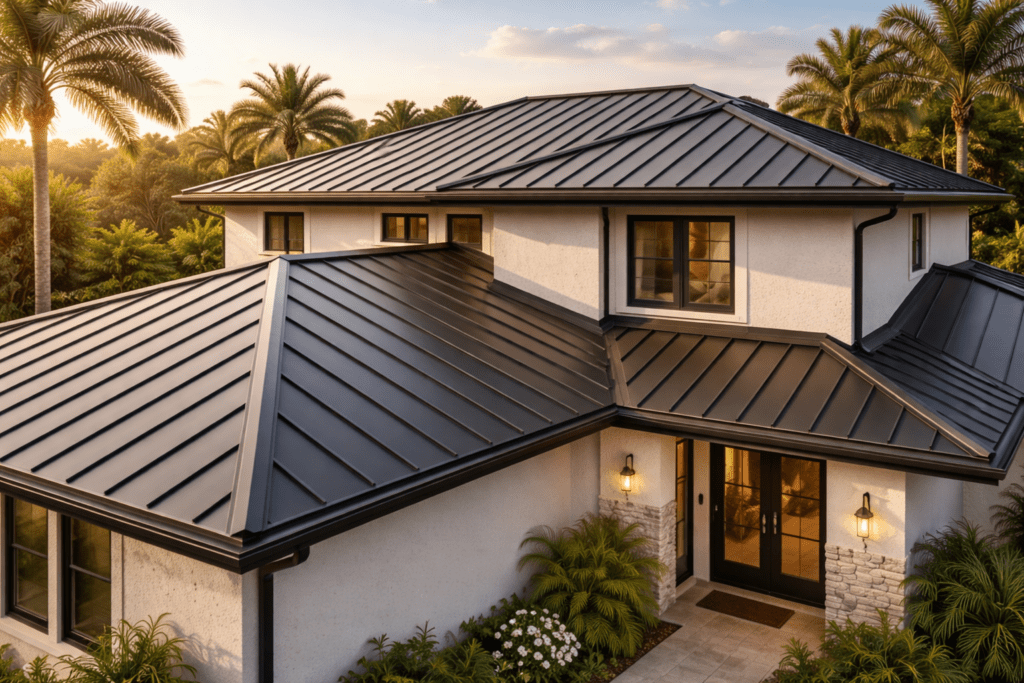 A modern two-story house with a sleek black metal roof, white exterior walls, large windows, and front entrance lights, surrounded by palm trees and lush greenery at sunset.