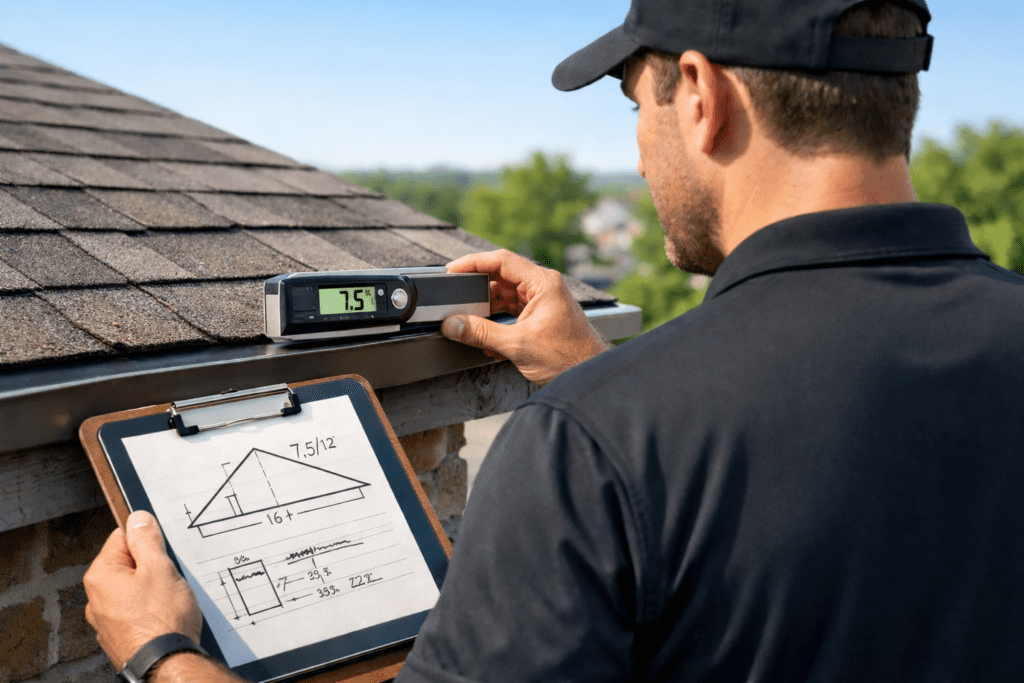 A man in a black shirt and cap measures the angle of a roof with a digital level, while holding a clipboard with a hand-drawn roof diagram and measurements.