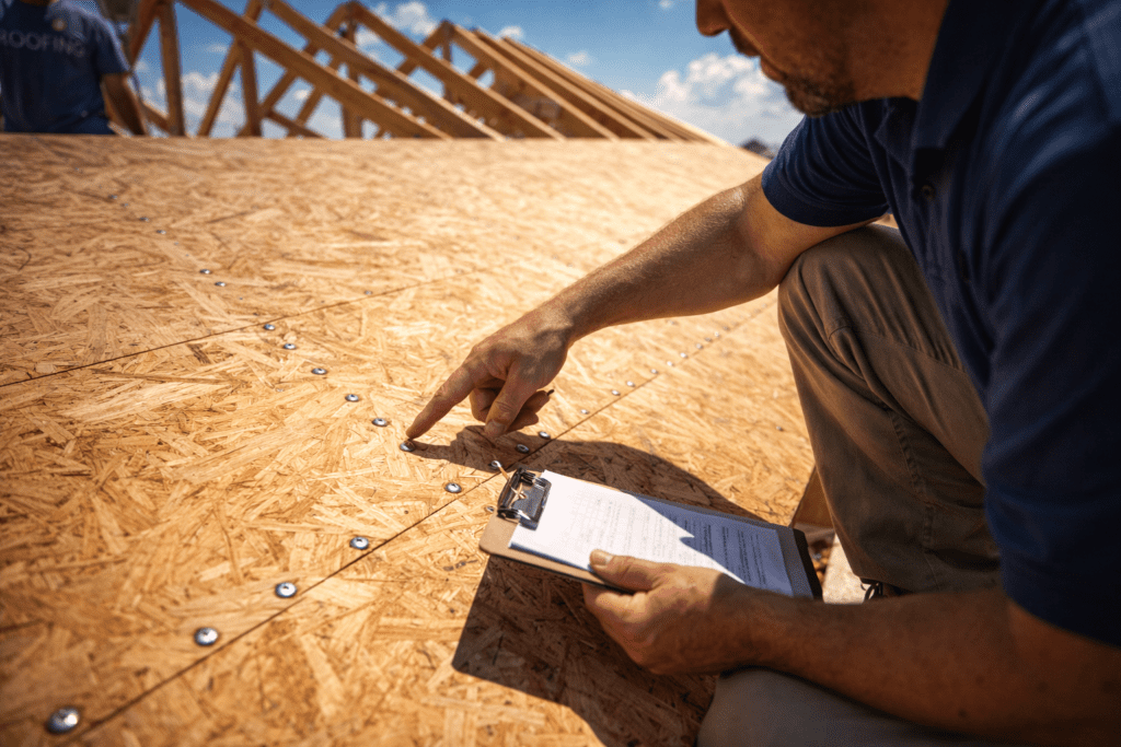 A person kneels on a wooden roof under construction, inspecting and pointing at a bolt while holding a clipboard with papers; wooden beams and a blue sky are visible in the background.