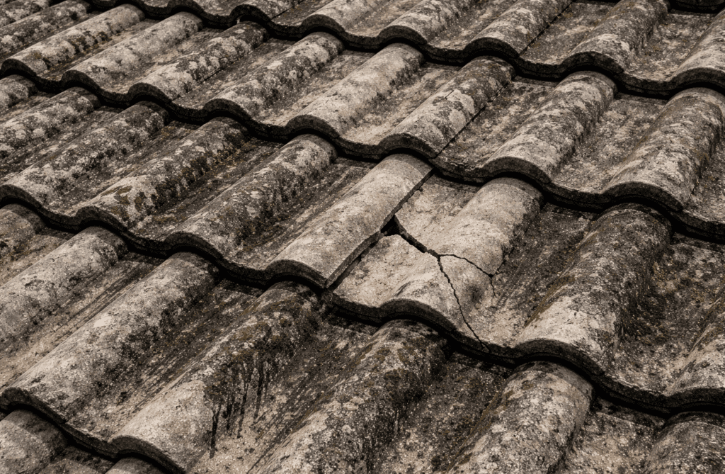 Close-up of old, weathered roof tiles with visible dirt, moss, and a large crack running through one of the central tiles. The tiles have a wavy, overlapping pattern and appear aged and worn.