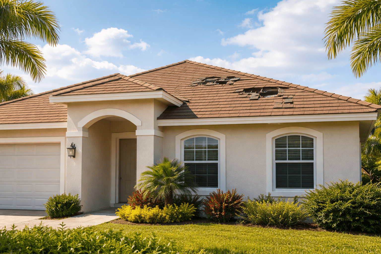 A single-story beige house with white trim has visible roof damage, including missing and broken shingles. Palm trees and bushes surround the house, and the sky is partly cloudy.