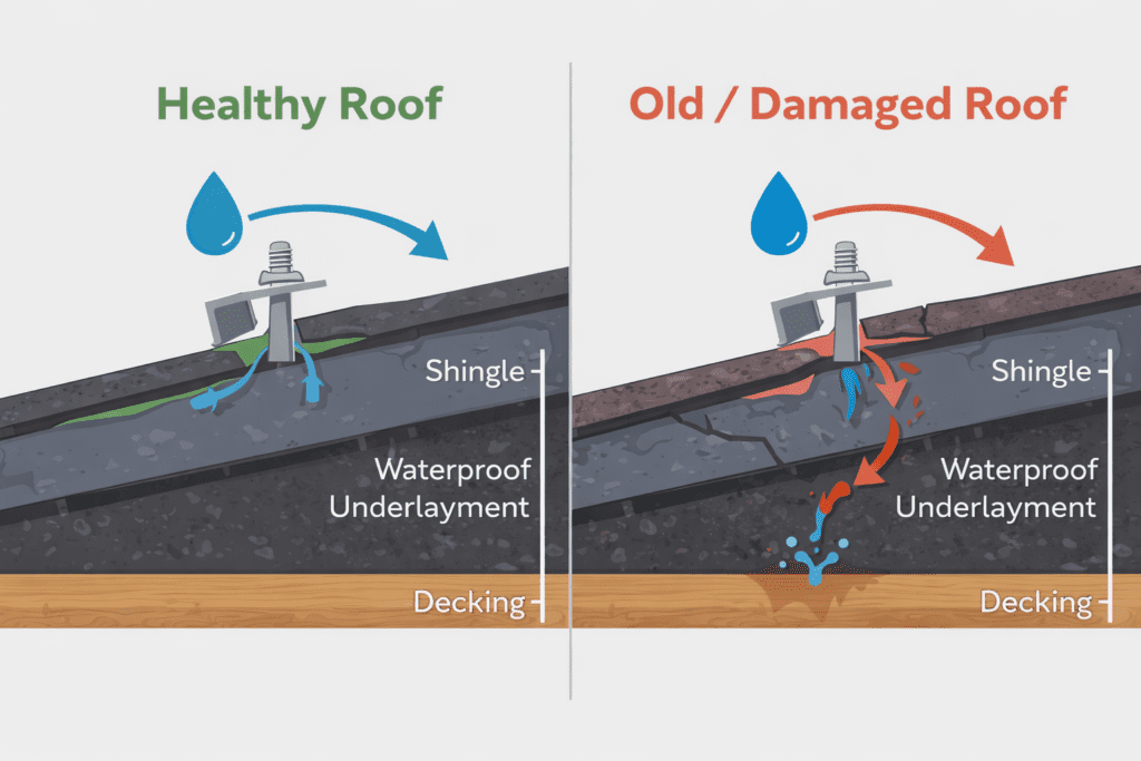 Side-by-side diagram comparing a healthy roof, where water stays above shingles, and an old/damaged roof, where water leaks through cracks past shingles and underlayment to the decking below. Labels show shingle, underlayment, and decking layers.