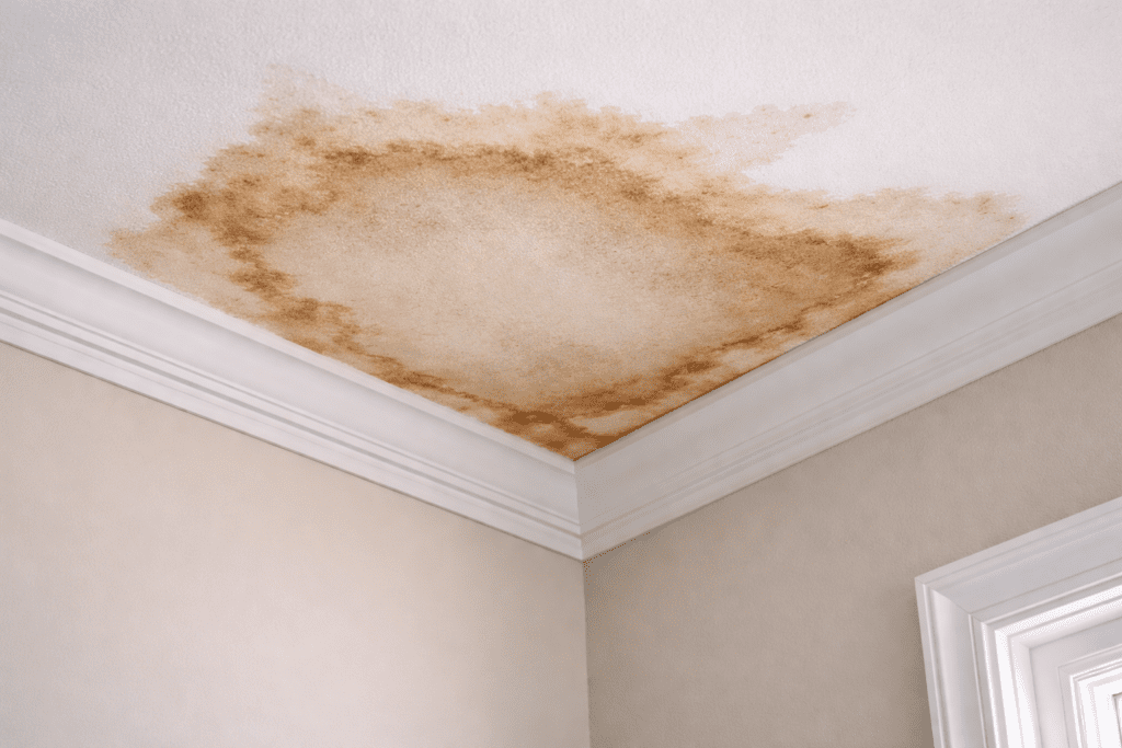 A large, brown water stain spreads across a white ceiling near the corner of a room with cream-colored walls and white trim.