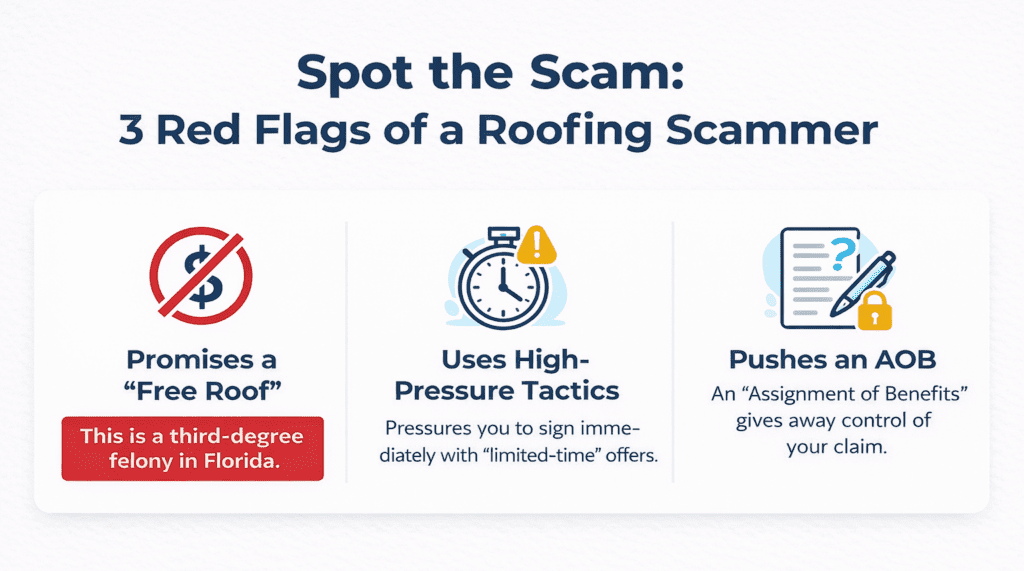 Infographic titled "Spot the Scam: 3 Red Flags of a Roofing Scammer" with icons and warnings about false "free roof" promises, high-pressure tactics, and pushing Assignment of Benefits (AOB) forms.