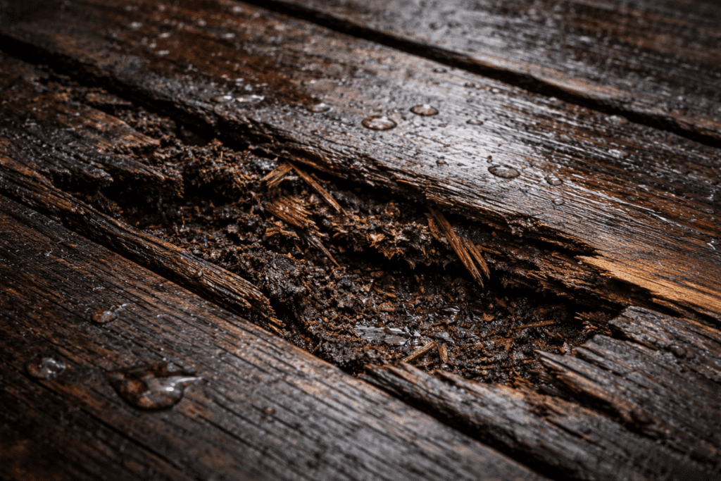 Close-up of a damaged, rotting wooden surface with a large crack and splintered wood fibers. Water droplets are scattered on the wet, dark wood, highlighting the decay and texture.