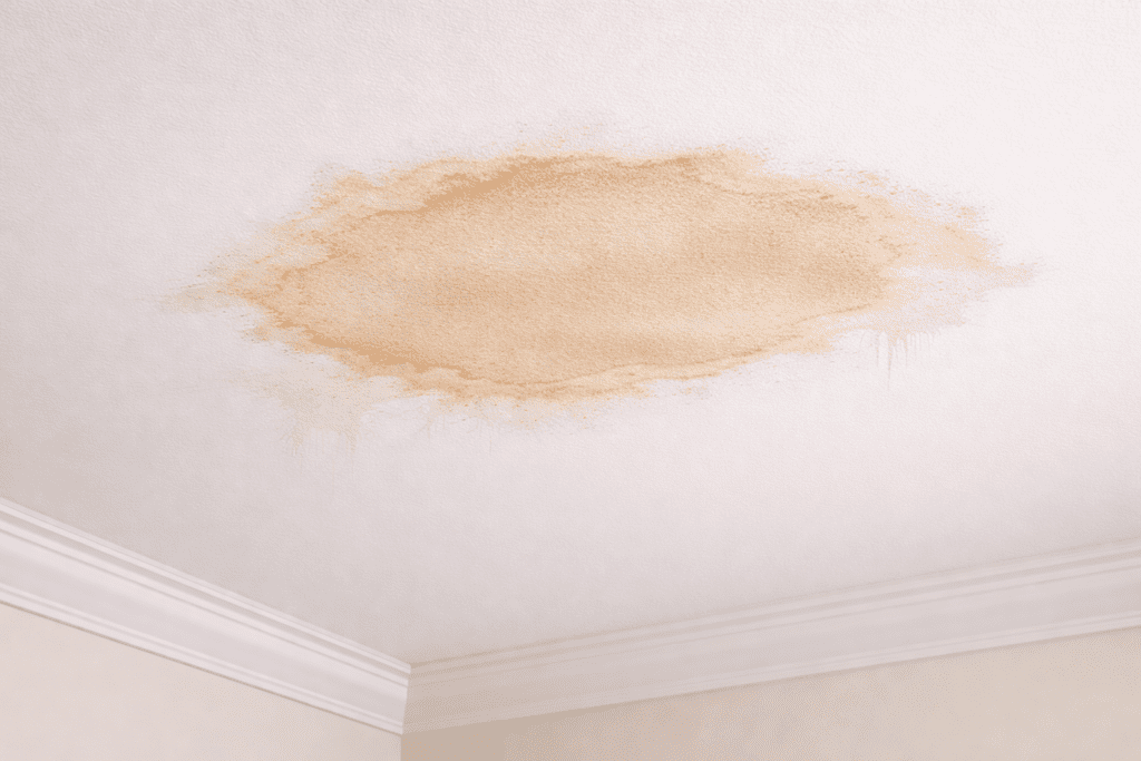 Large brown water stain on a white ceiling near crown molding, indicating possible water damage or a leak above.