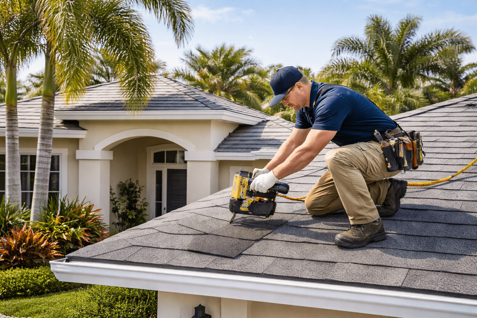 A worker in a navy shirt and hat uses a nail gun to install shingles on the roof of a suburban house surrounded by palm trees and landscaping, on a sunny day.