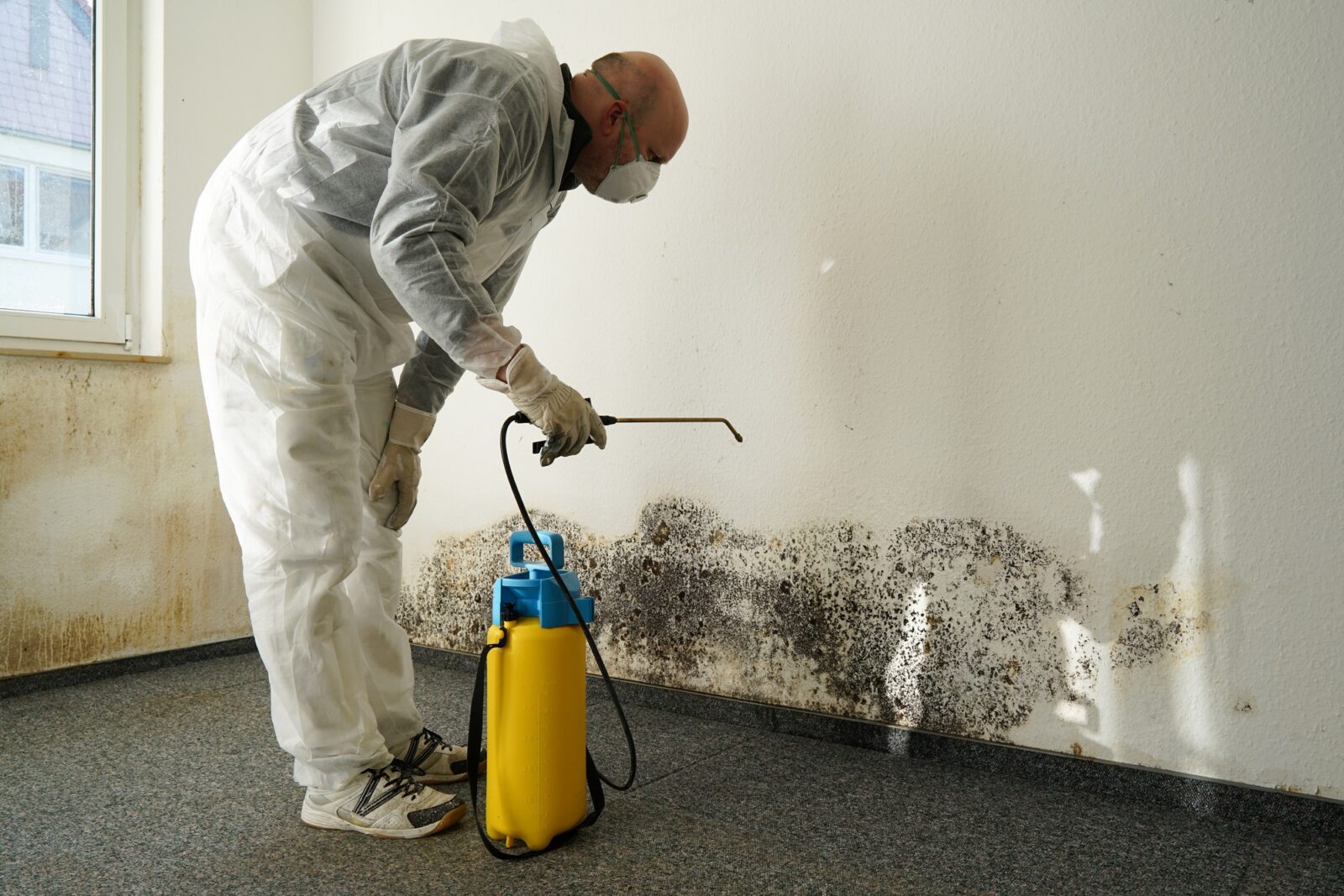 A person in protective gear sprays a chemical on a mold-infested wall in a room, using a yellow and blue canister, to remove the mold growth near the floor.