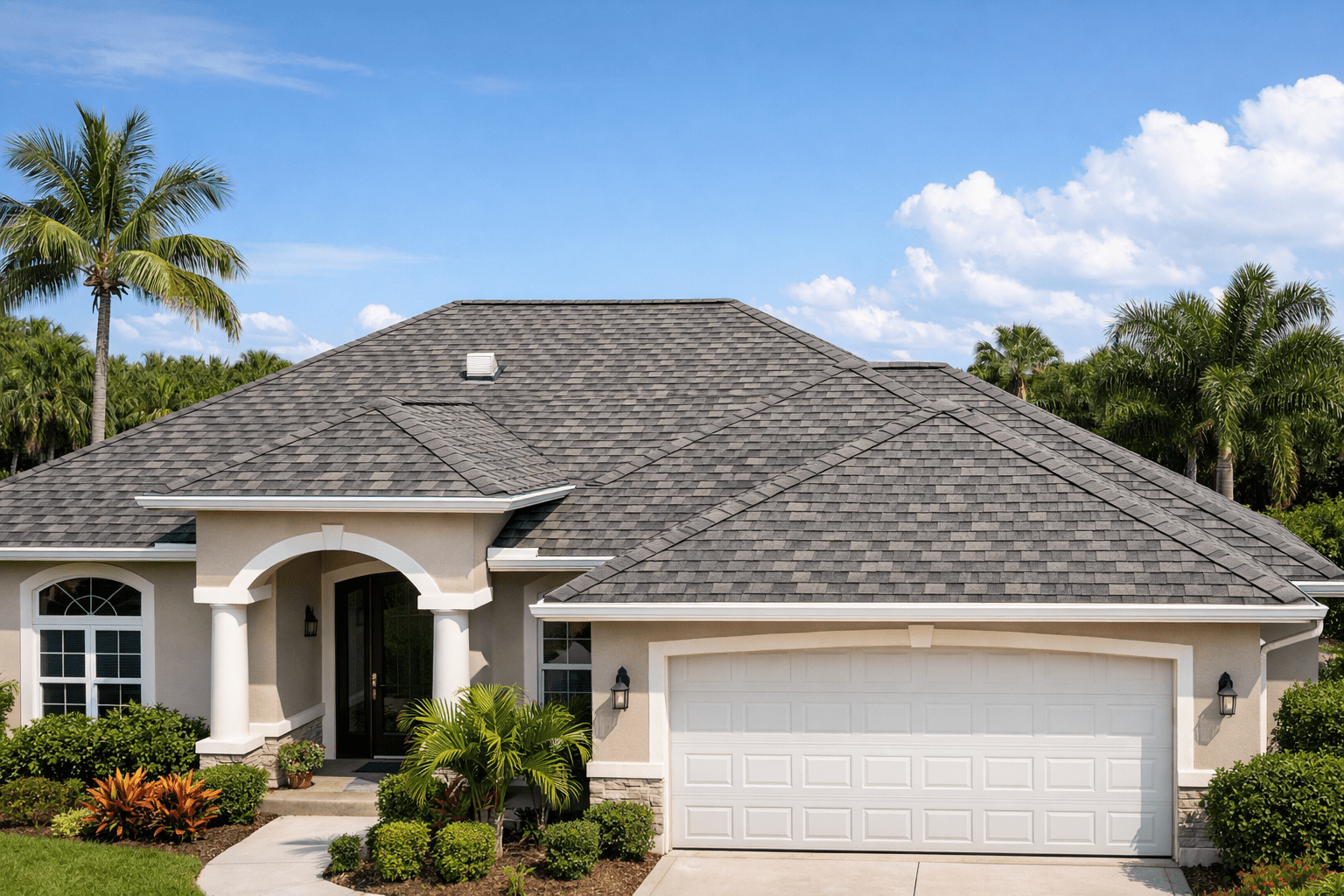 Single-story suburban house with gray shingle roof, white garage door, columns by the entrance, well-kept landscaping, palm trees, and a blue sky with scattered clouds in the background.