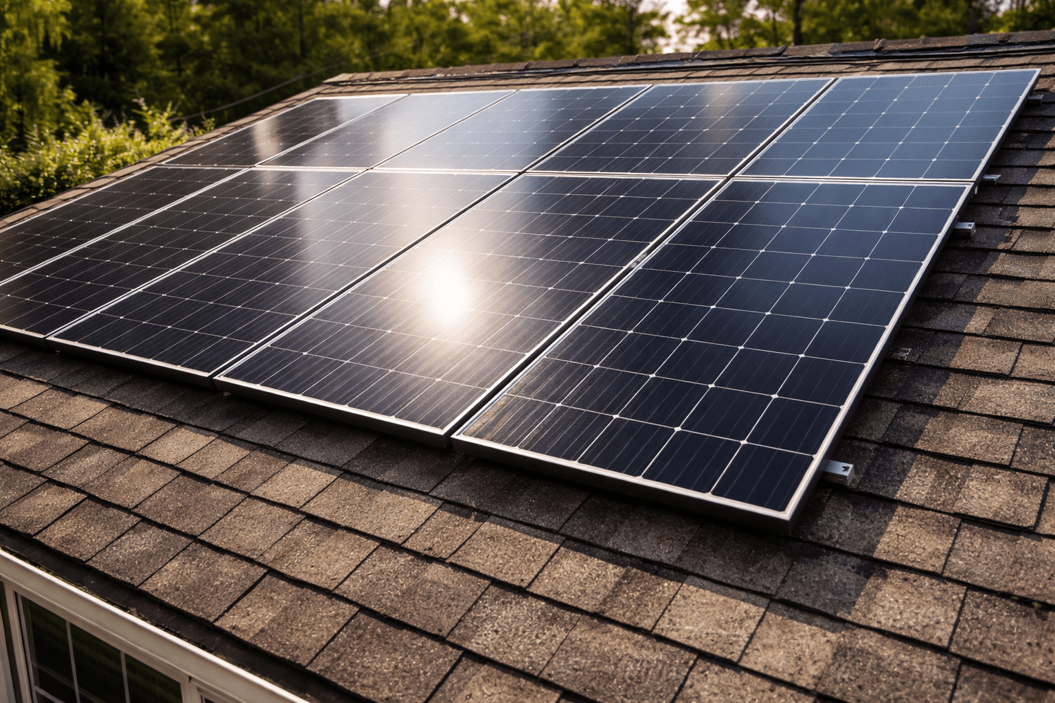 Close-up of solar panels installed on a shingled roof, reflecting sunlight, with green trees visible in the background.