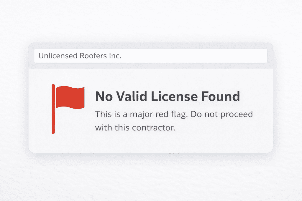 A website message displays a red flag icon, states "No Valid License Found," and warns not to proceed with the contractor listed as "Unlicensed Roofers Inc.