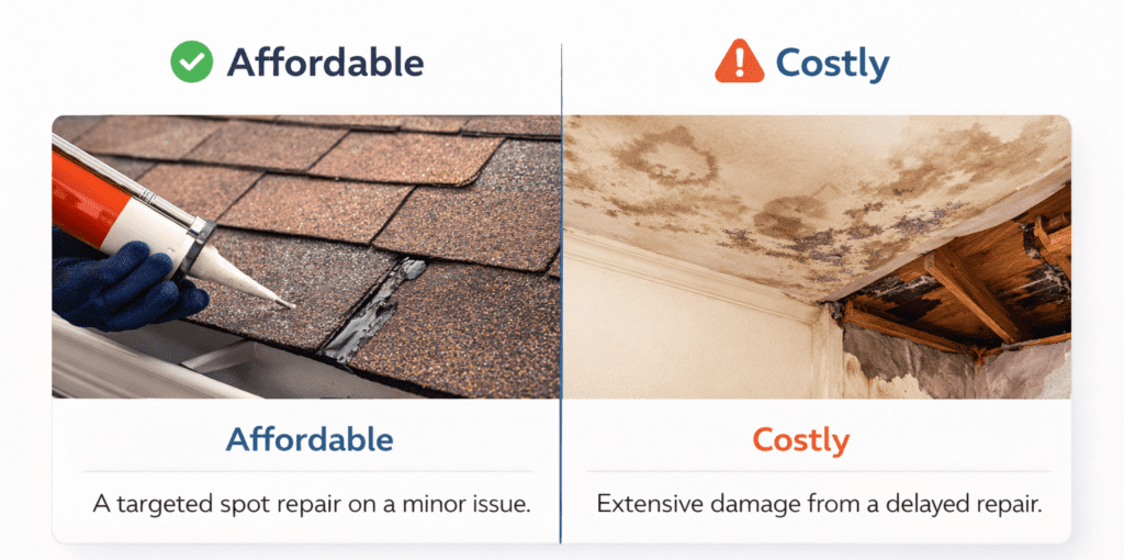 A split image: Left side shows a hand applying sealant to roof shingles labeled "Affordable: A targeted spot repair on a minor issue." Right side shows a water-damaged ceiling labeled "Costly: Extensive damage from a delayed repair.