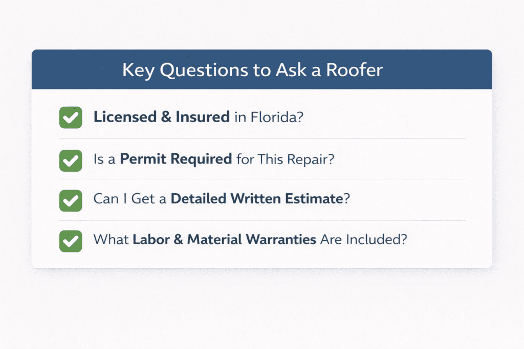 A graphic lists key questions to ask a roofer: Are you licensed and insured in Florida? Is a permit required for this repair? Can I get a detailed written estimate? What labor and material warranties are included?.