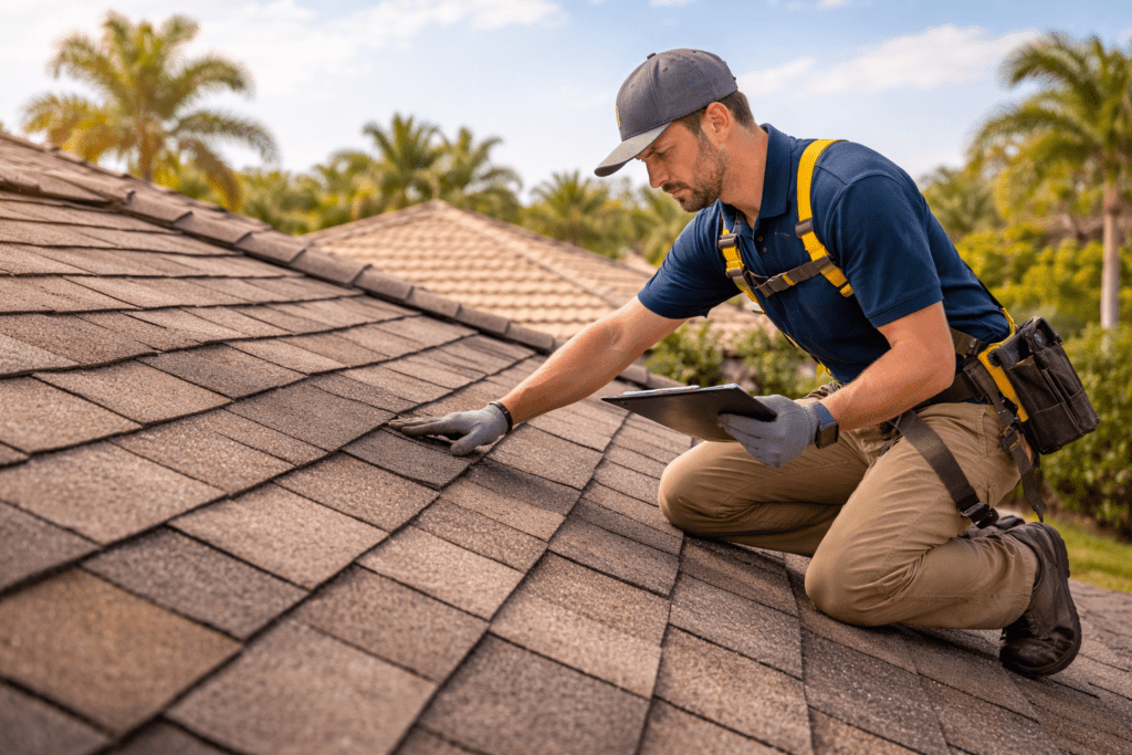 A man wearing a safety harness and gloves inspects roof shingles while kneeling on a house roof, holding a clipboard. Palm trees and other houses are visible in the background under a sunny sky.