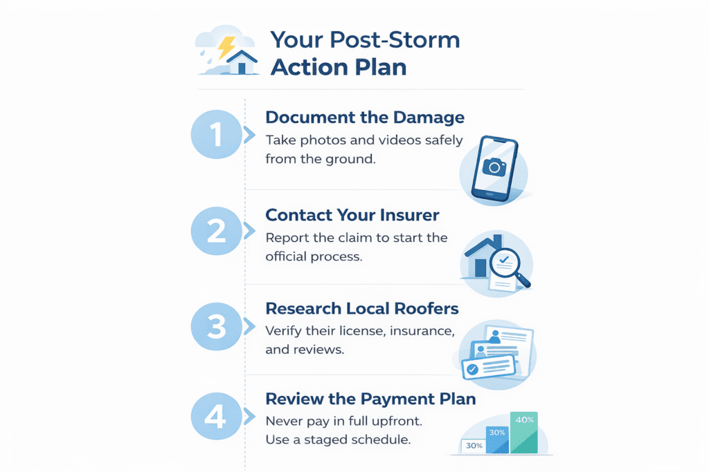 Infographic titled "Your Post-Storm Action Plan" with steps: 1. Document the Damage, 2. Contact Your Insurer, 3. Research Local Roofers, 4. Review the Payment Plan, each with brief descriptions and icons.