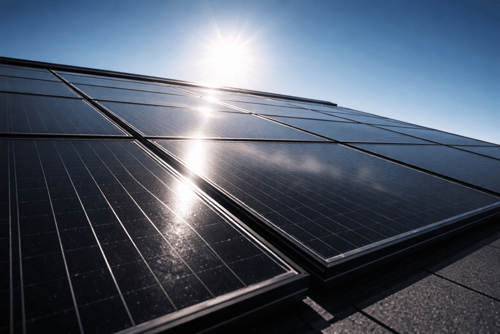 Close-up of solar panels installed on a roof, reflecting sunlight under a clear blue sky, with the bright sun visible in the background.