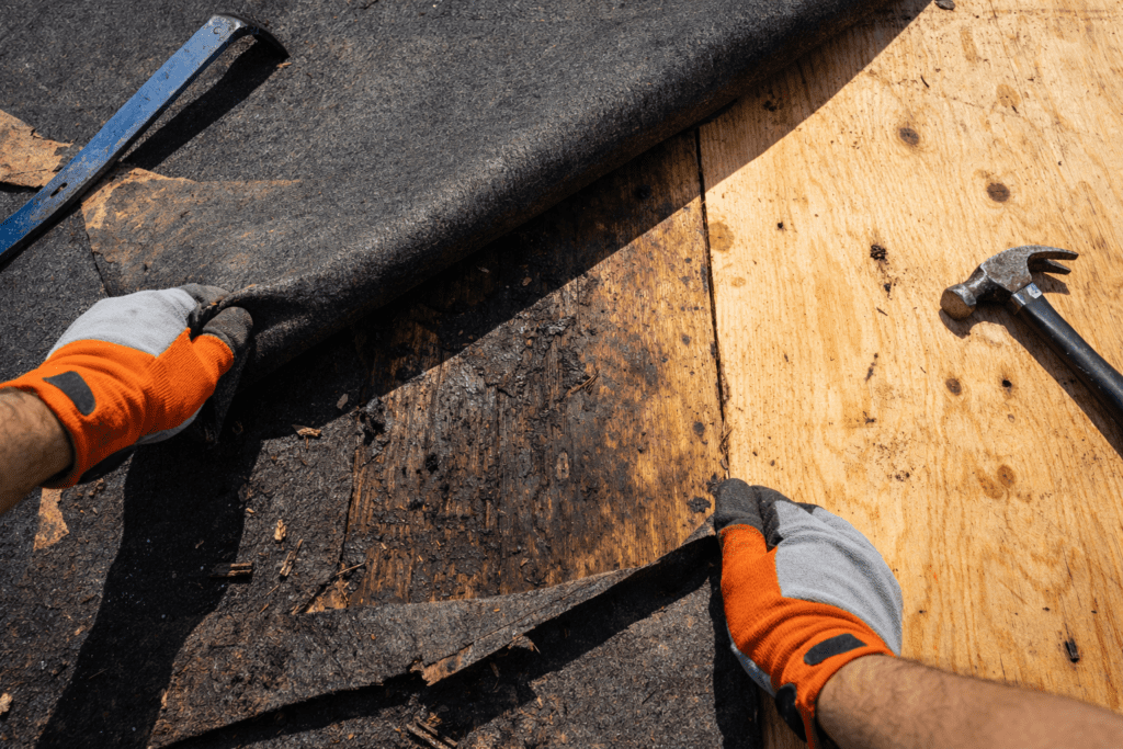 A person wearing orange work gloves lifts old roofing felt from a plywood roof. Nearby, a claw hammer and pry bar rest on the wood surface.