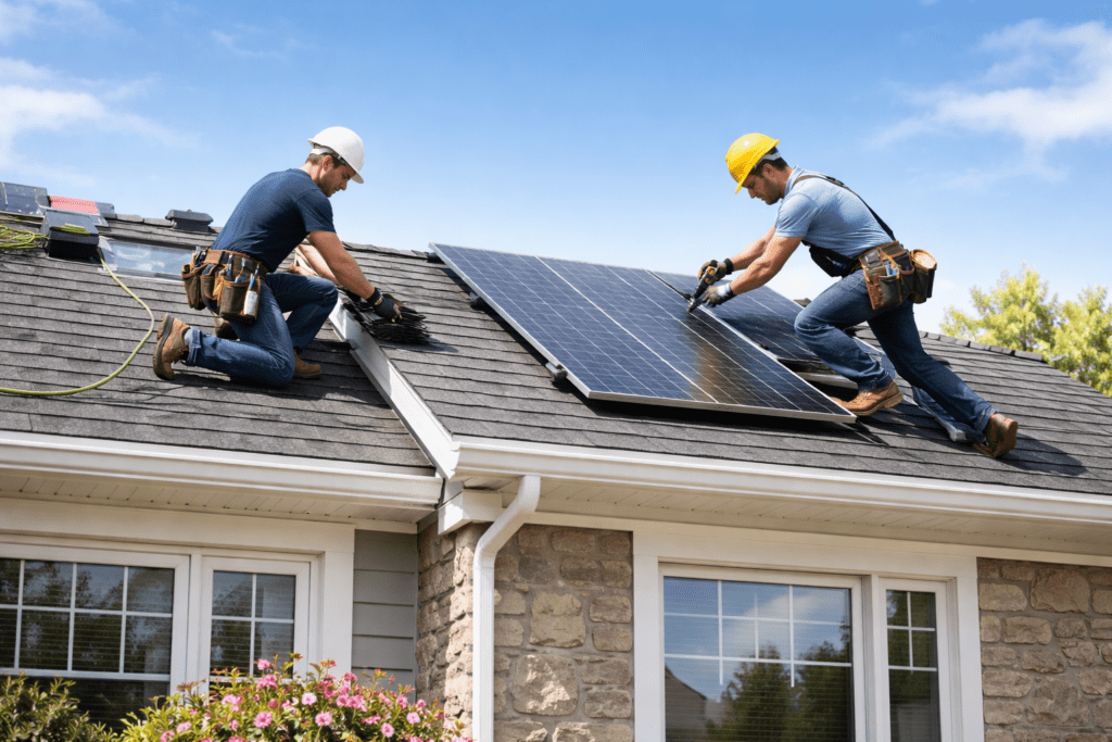 Two workers wearing safety gear install solar panels on the roof of a house under a blue sky, using tools and equipment. The house has stone walls and white-trimmed windows visible below.