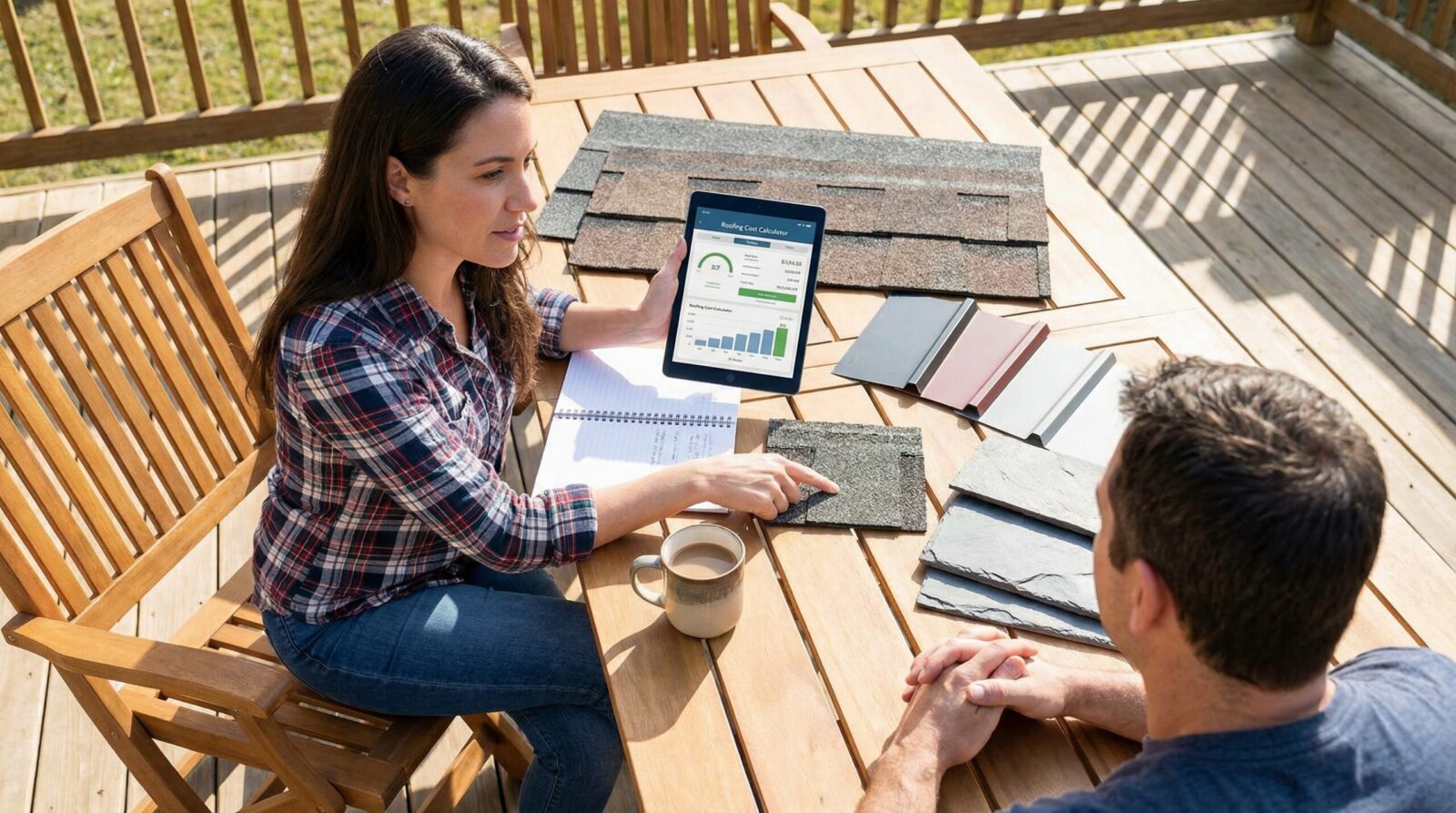 homeowner comparing different roofing material samples with cost calculator
