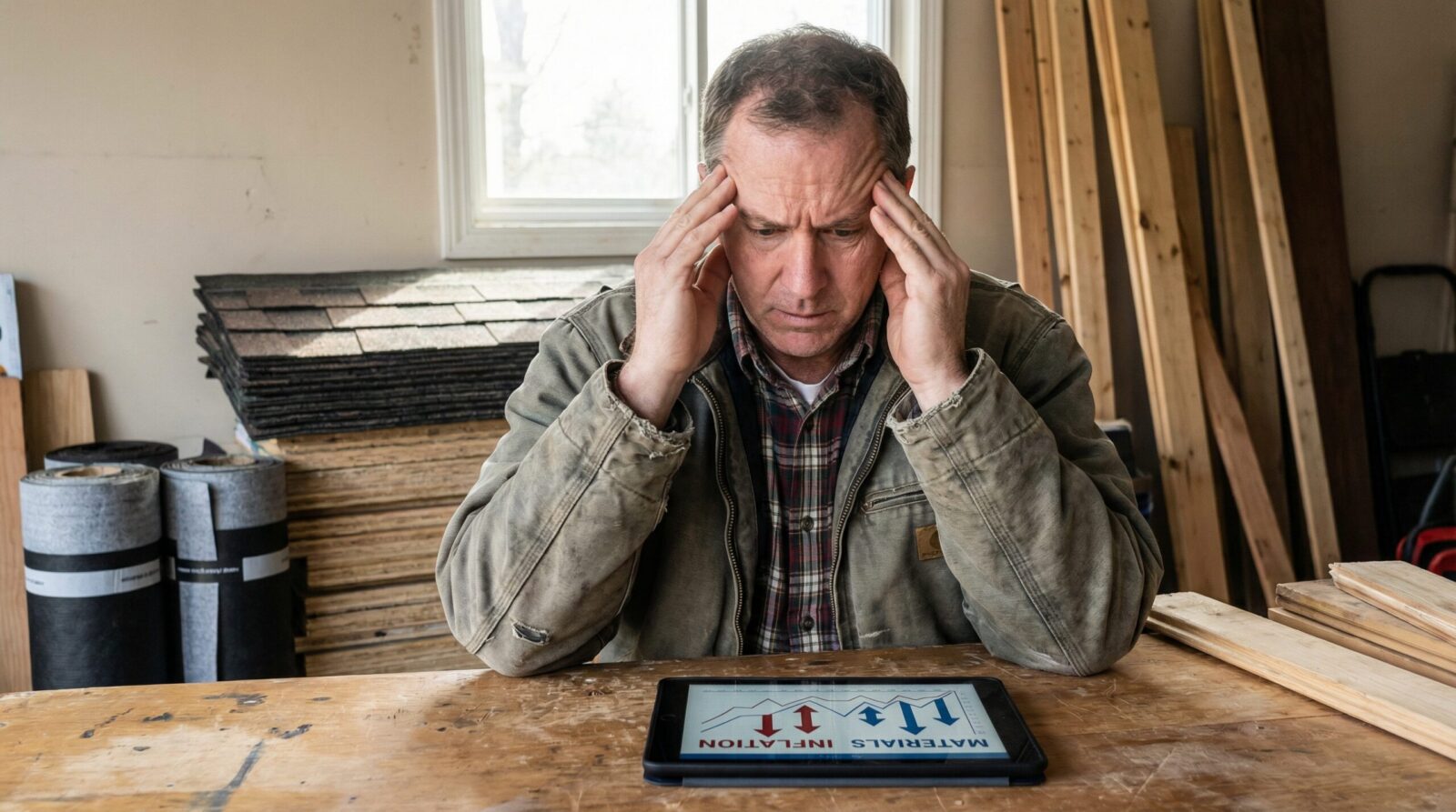A man sits at a wooden table in a workshop, looking stressed with his hands on his temples, staring at a tablet displaying a chart labeled “MATERIALS INFLATION.”.