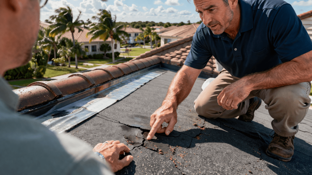 Two men inspect a cracked, damaged section of a house roof on a sunny day; one man points at the cracks while discussing possible repairs. Houses and palm trees are visible in the background.