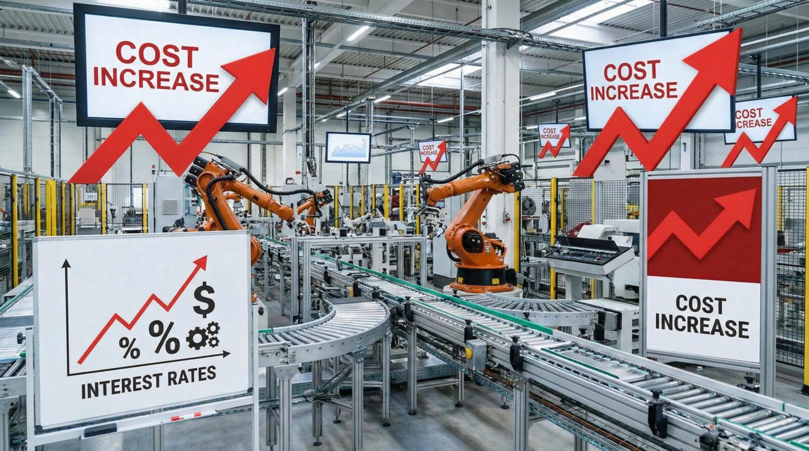 manufacturing facility with cost increase arrows and interest rate symbols