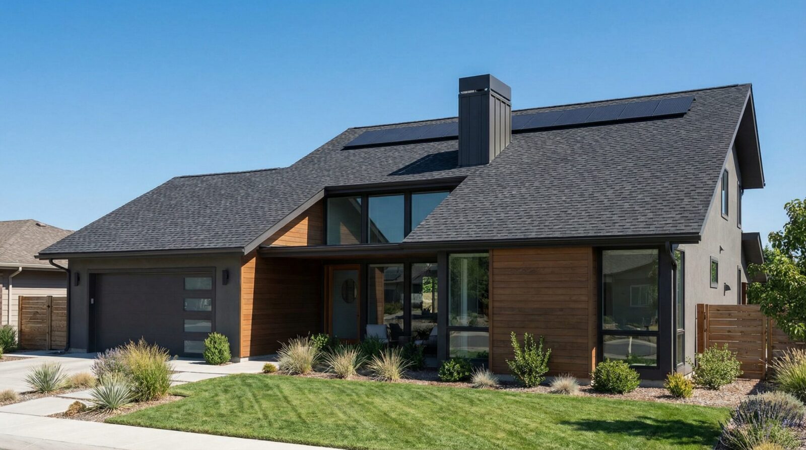 Modern house with a sloped black roof, solar panels, large windows, wood and dark exterior, attached garage, manicured lawn, and minimal landscaping under a clear blue sky.