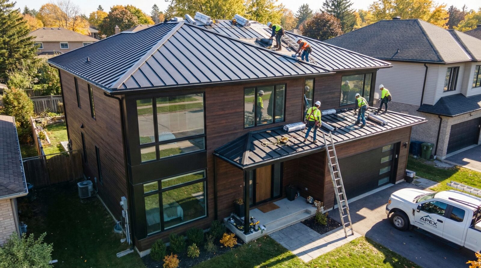 Six construction workers in safety gear install a metal roof on a modern two-story house with large windows; ladders and tools are visible, along with a white work truck parked in the driveway.