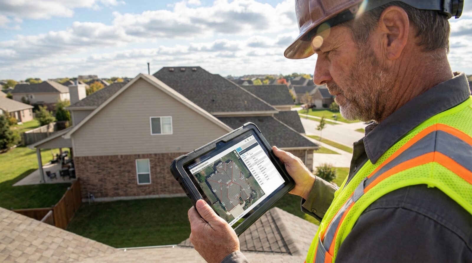 A construction worker in a safety vest and hard hat stands on a roof, holding a tablet displaying a map, with houses and a suburban neighborhood in the background.