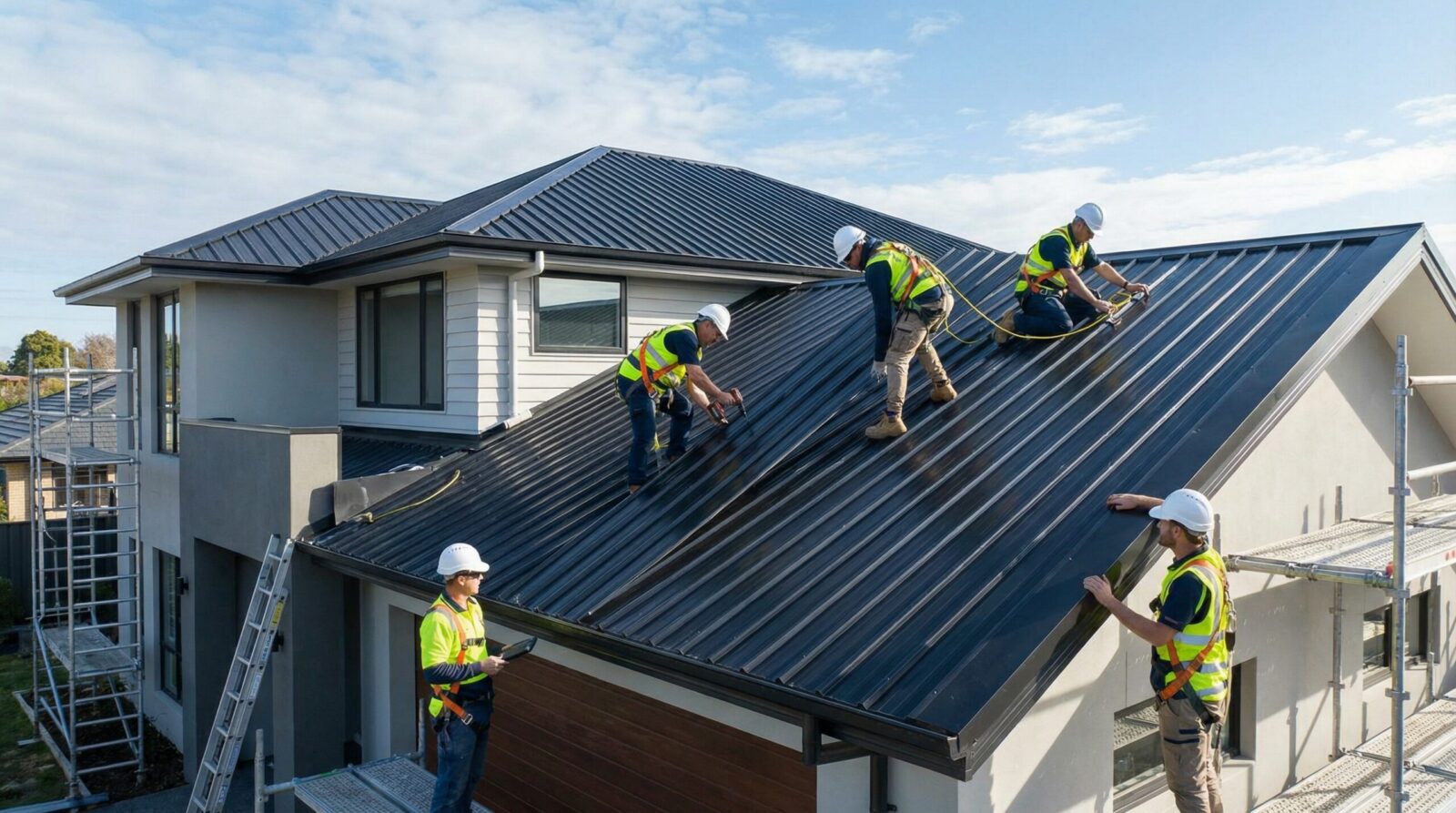 Professional roofers installing modern roofing materials with proper safety equipment