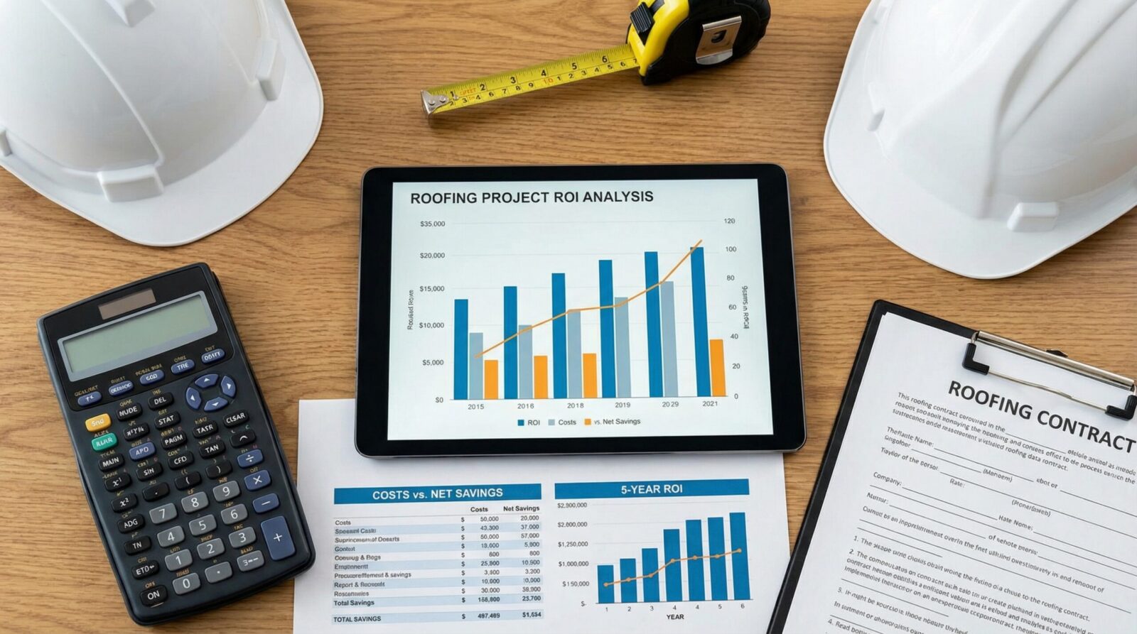 Calculator and financial charts showing ROI calculations for roofing contractors