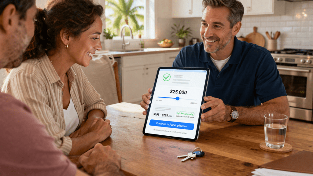 A smiling man shows a couple a tablet displaying a $25,000 loan approval screen at a kitchen table, with house keys and a glass of water nearby.