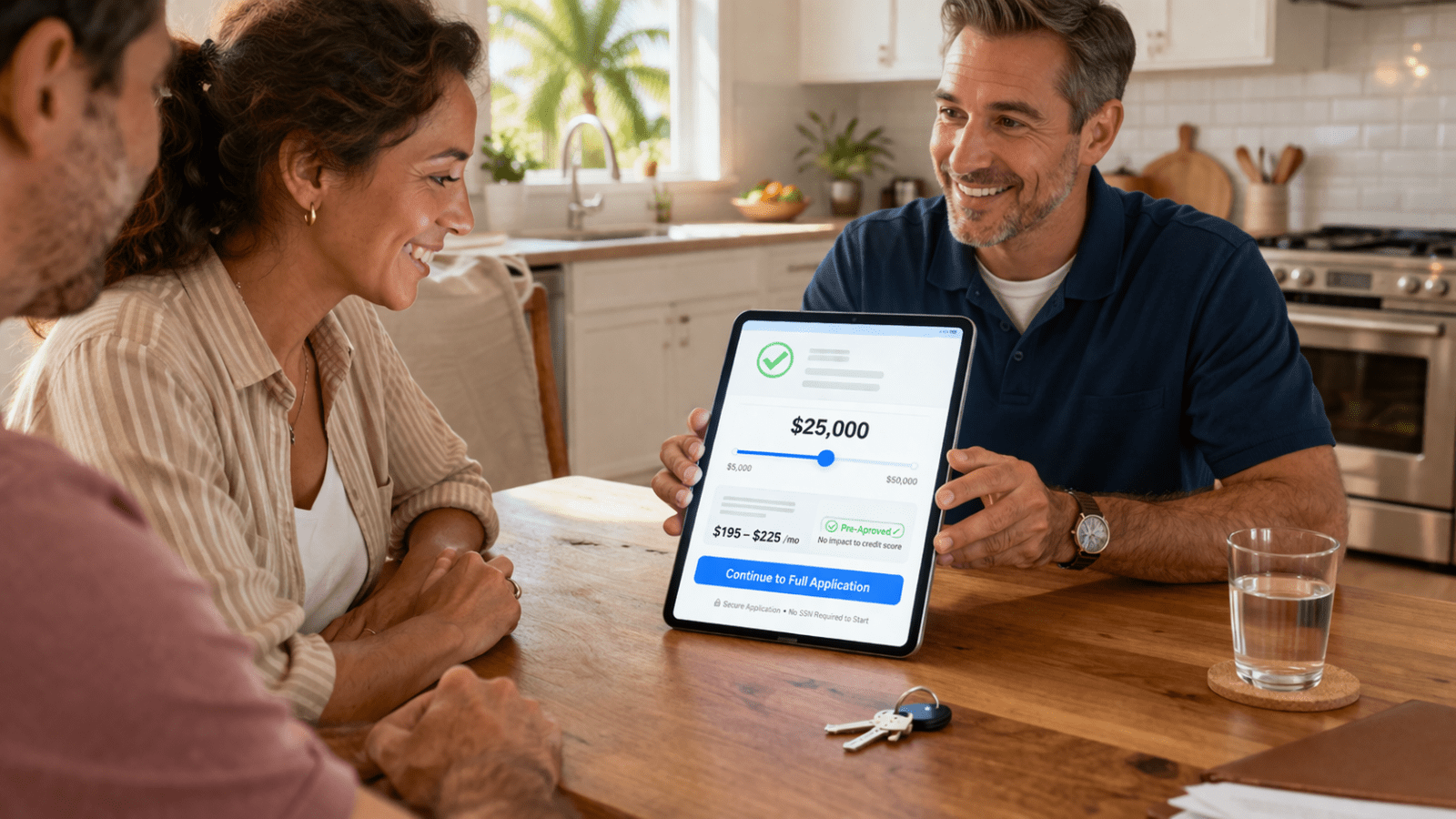 A smiling man shows a couple a tablet displaying a $25,000 loan approval screen at a kitchen table, with house keys and a glass of water nearby.