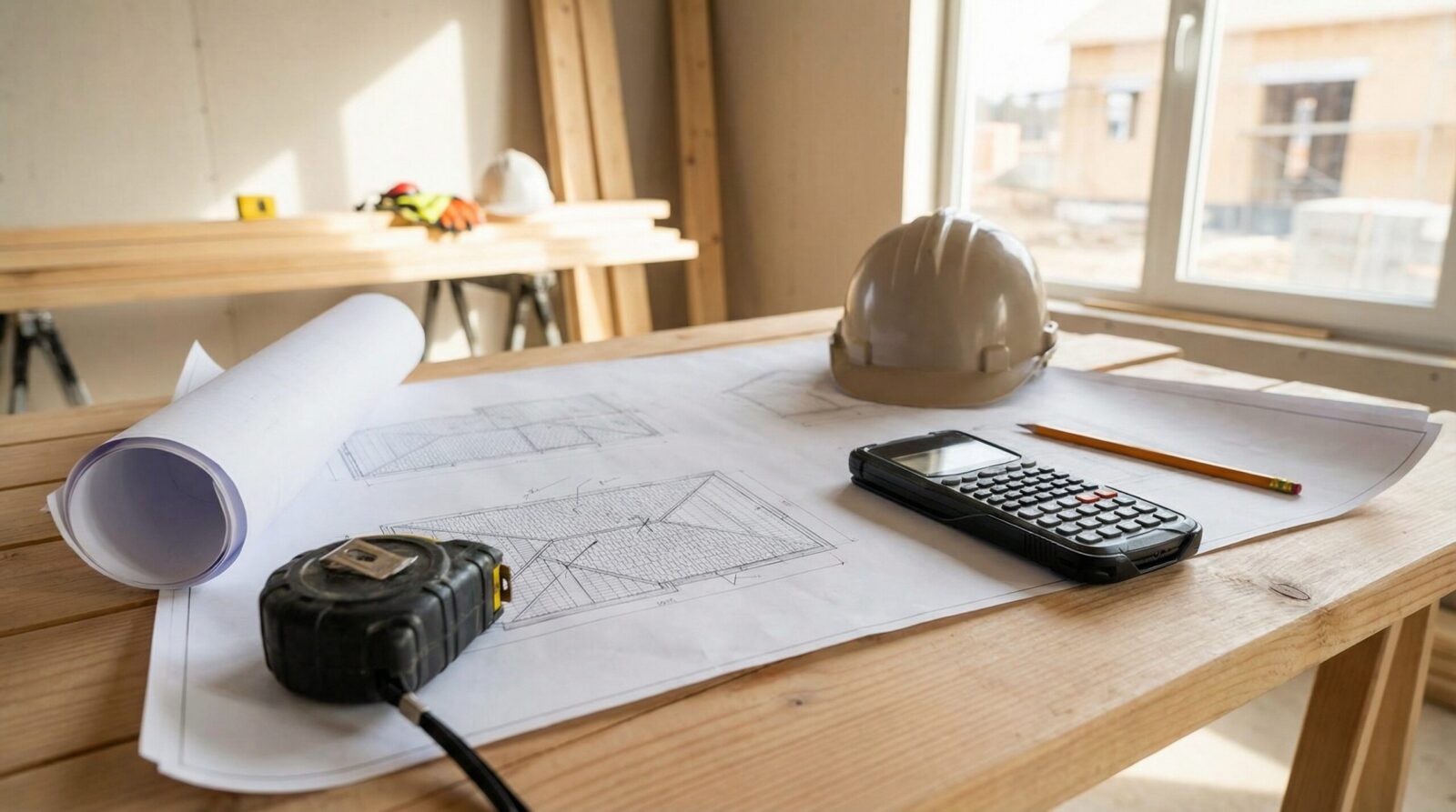 Roof measurement tools and calculator on blueprints