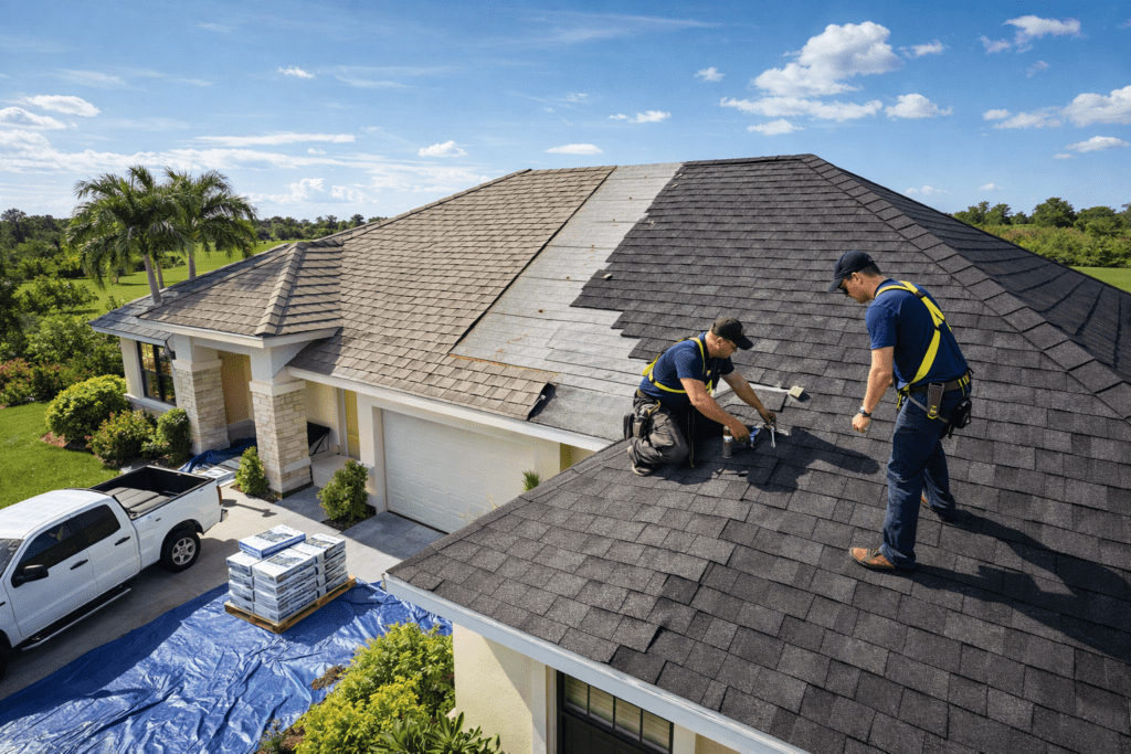 Two workers in safety gear repair or install shingles on a house roof. A white pickup truck and roofing materials are on the driveway below, with blue skies and green landscaping in the background.