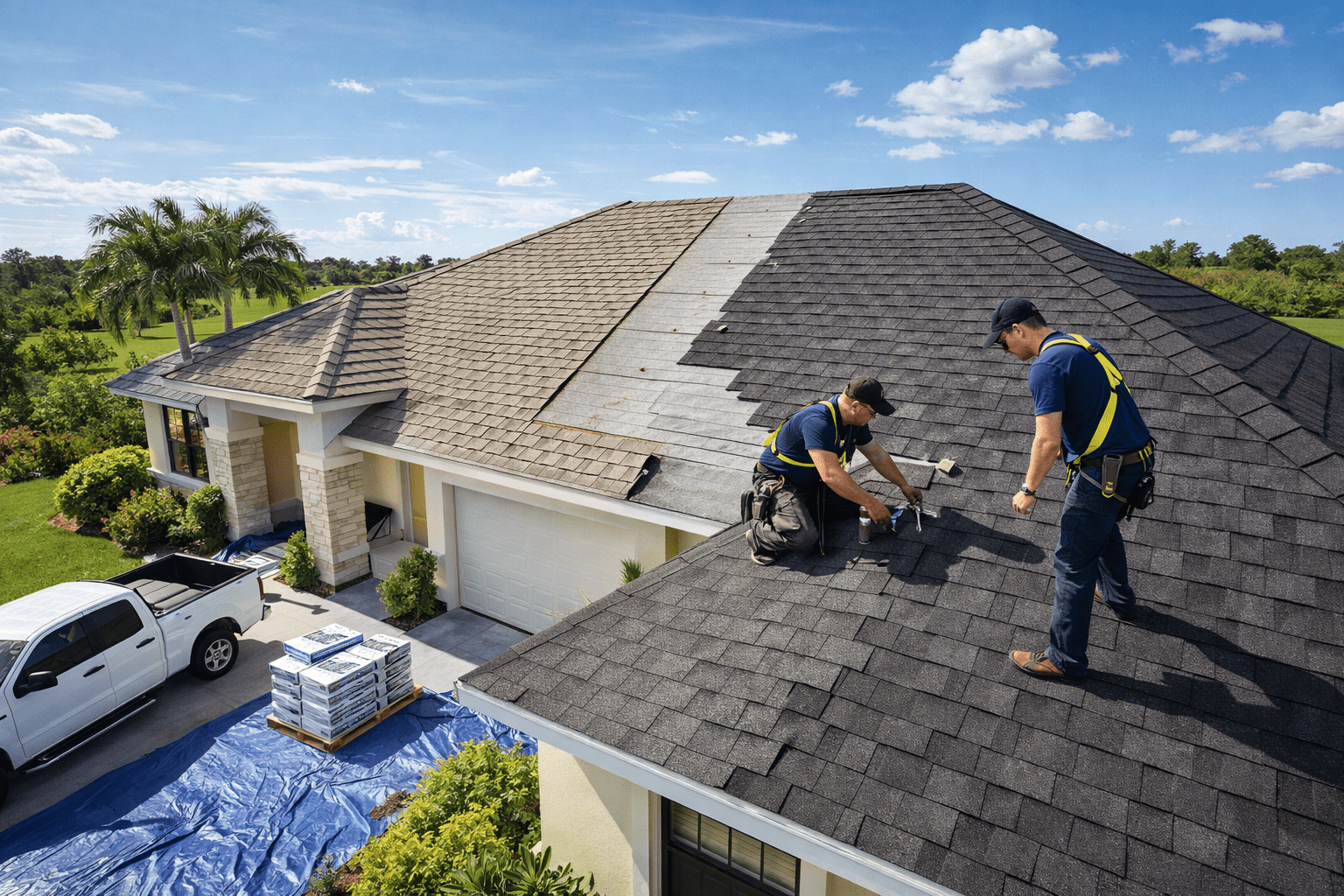 Two workers in safety gear repair or install shingles on a house roof. A white pickup truck and roofing materials are on the driveway below, with blue skies and green landscaping in the background.