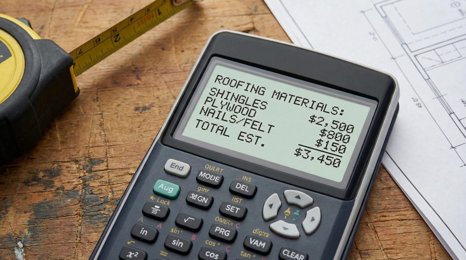 A calculator displays a roofing materials estimate: shingles $2,500, plywood $800, nails/felt $150, with a total estimated cost of $3,450. A tape measure and building plans are nearby on a wooden surface.