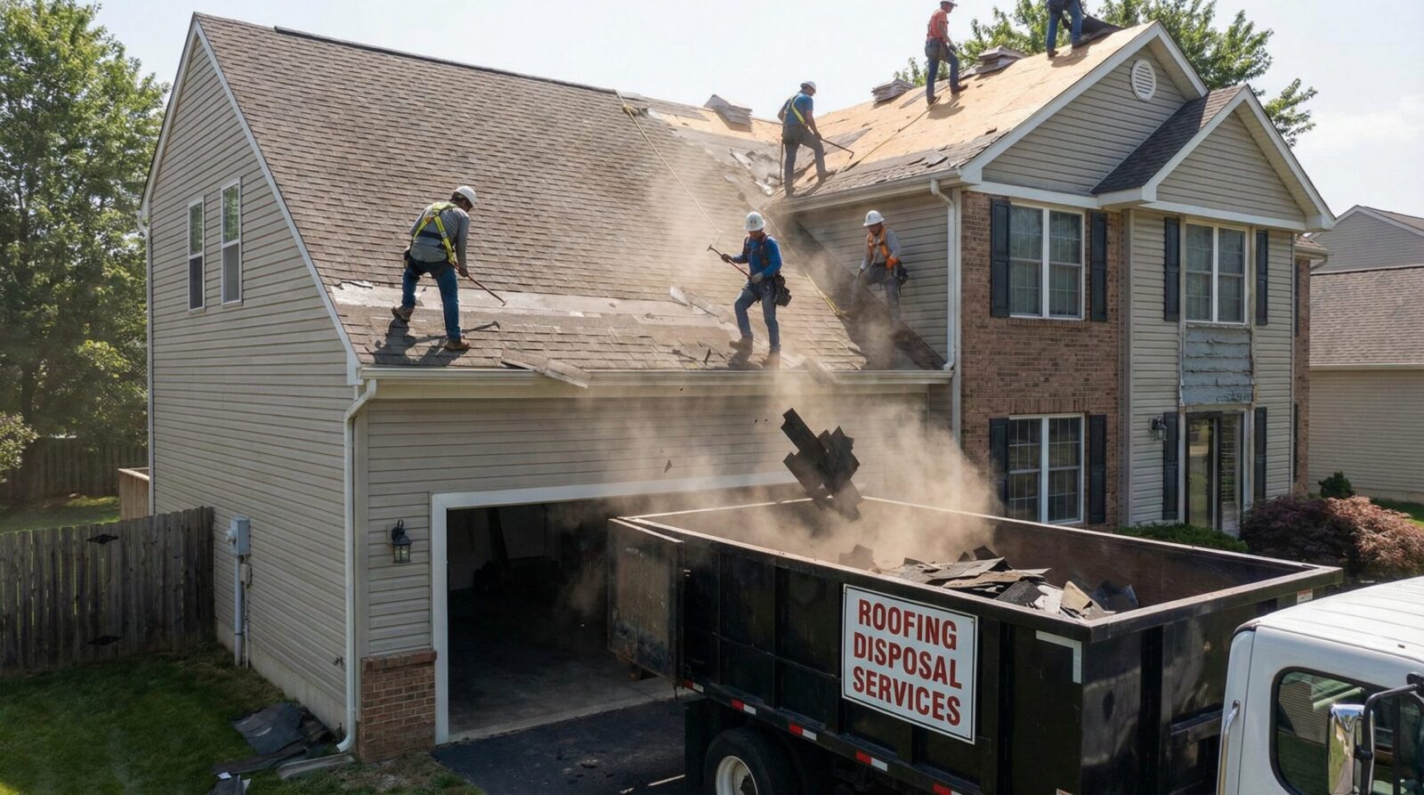 Roofing contractor removing old shingles with disposal truck