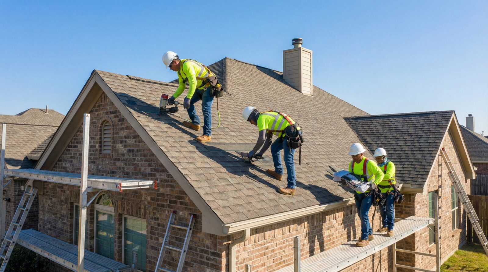 Roofing crew installing new shingles on residential home