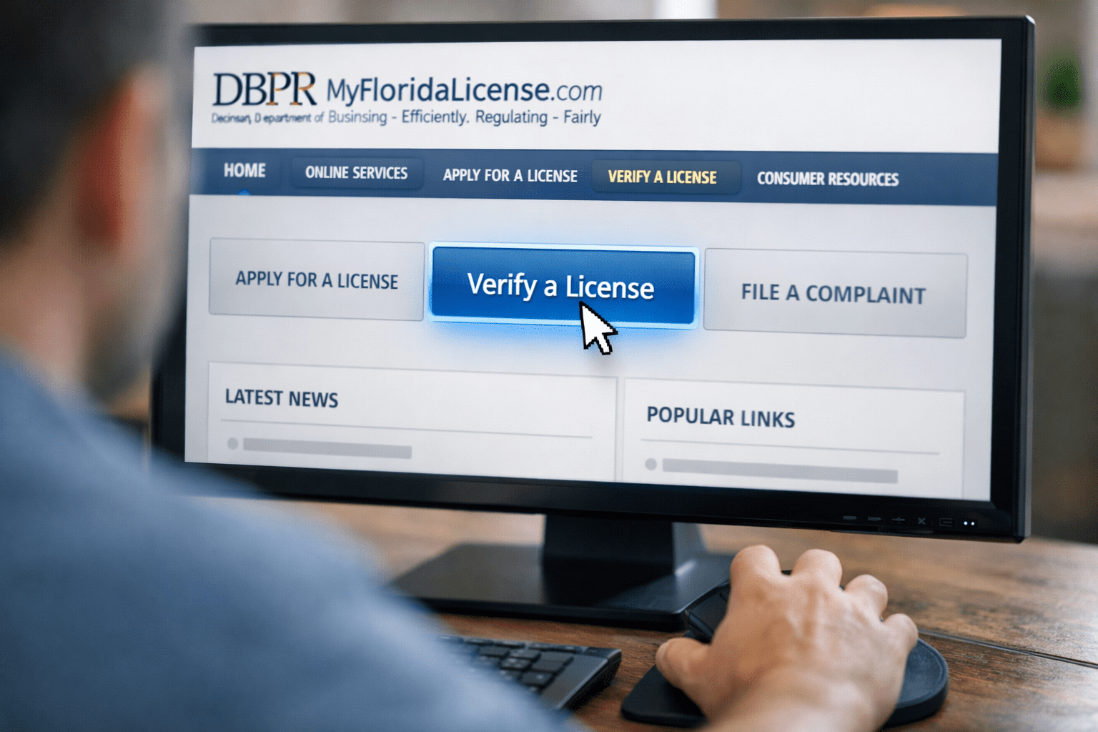 A person uses a desktop computer to access the MyFloridaLicense.com website, with the "Verify a License" button highlighted on the screen.
