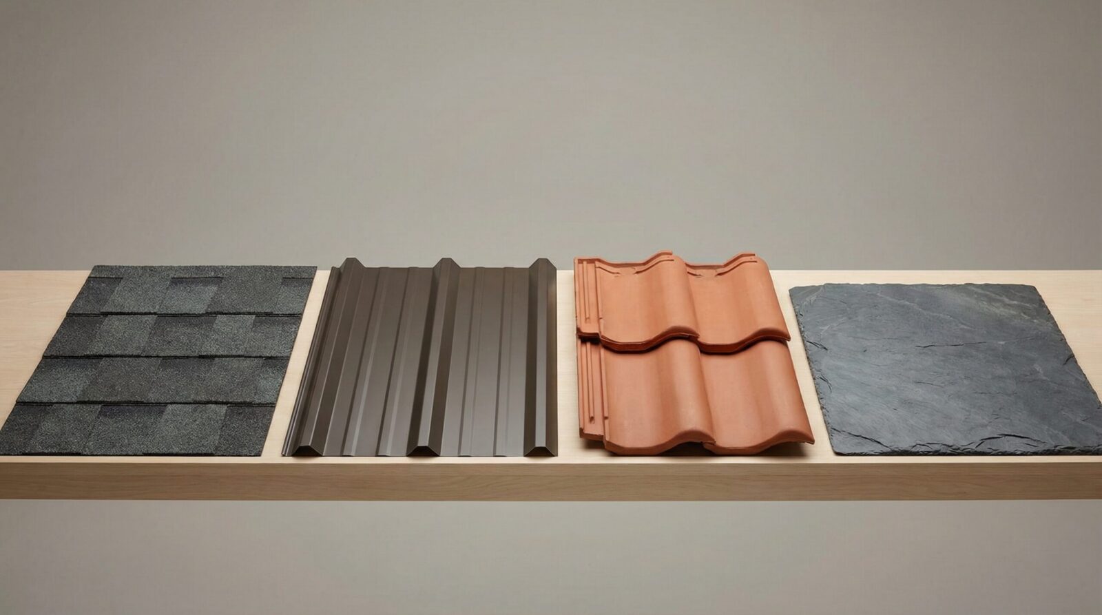 Comparison of different roofing materials: asphalt, metal, tile, and slate