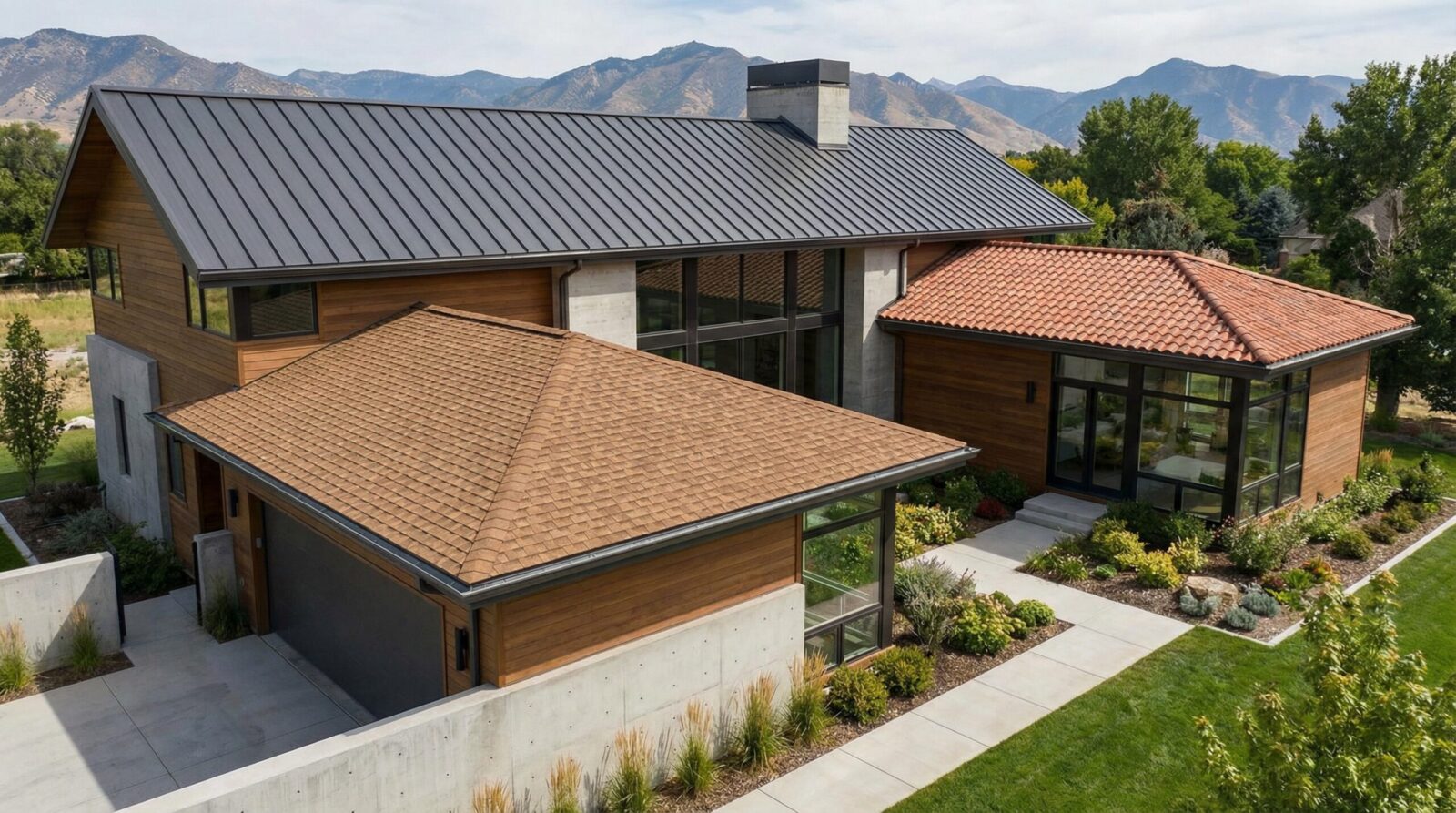 Modern house with mixed roof styles, featuring wood and concrete exterior, large windows, and well-maintained landscaping, set against a backdrop of mountains and trees under a partly cloudy sky.