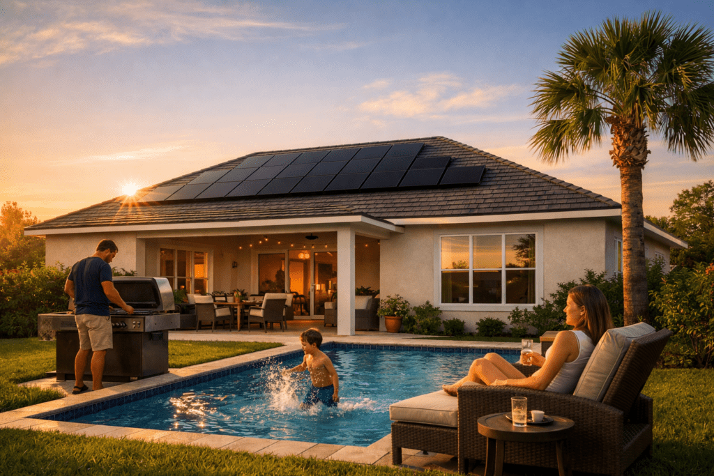 A man grills food next to a backyard pool at sunset, while a child splashes in the water. A woman relaxes on a lounge chair, holding a drink. The house behind them has solar panels on the roof.