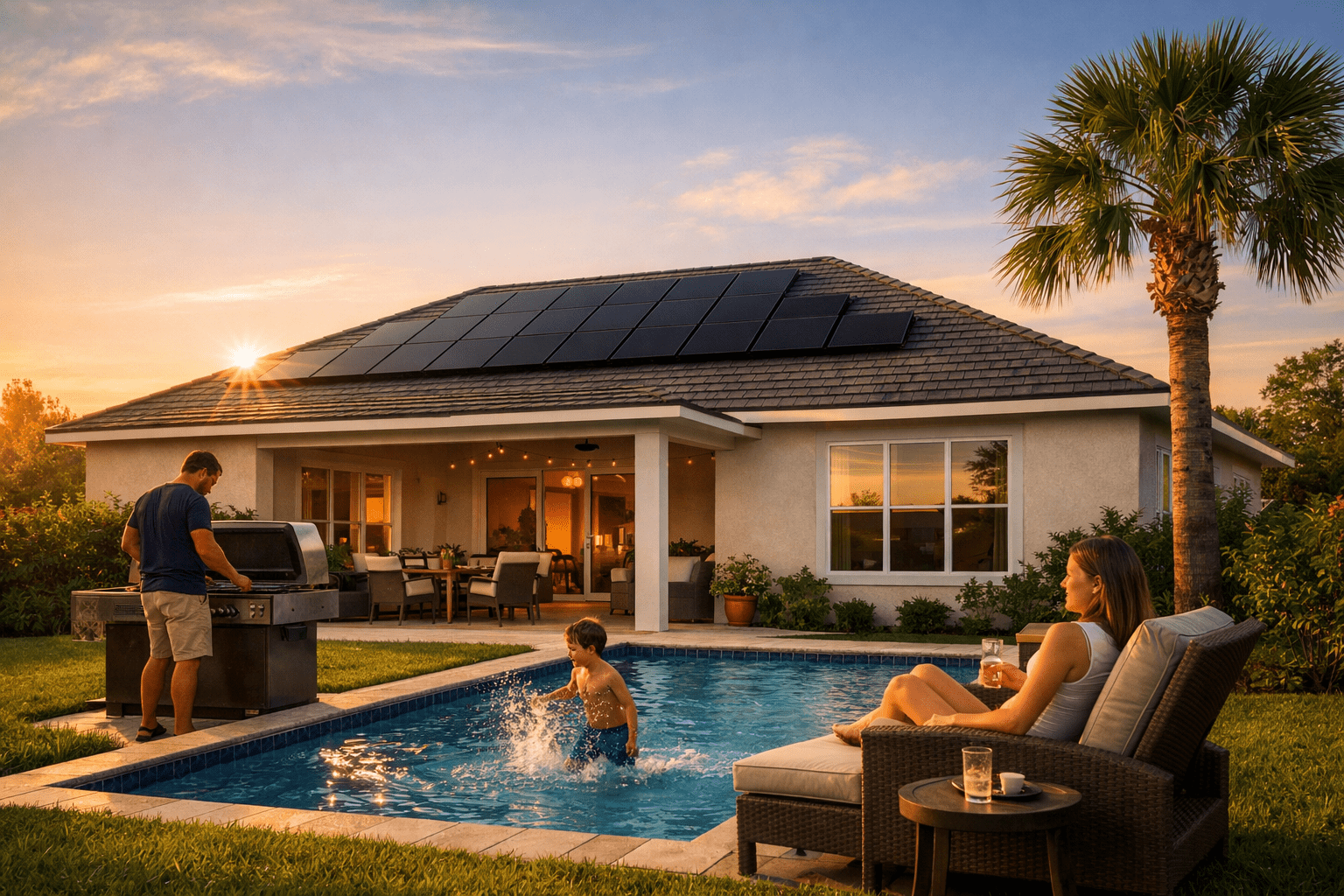 A man grills food next to a backyard pool at sunset, while a child splashes in the water. A woman relaxes on a lounge chair, holding a drink. The house behind them has solar panels on the roof.