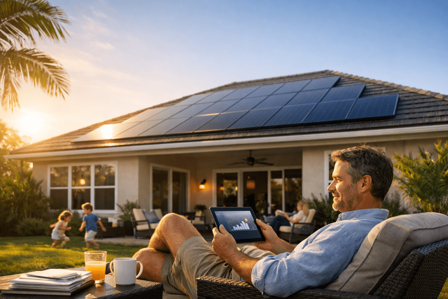A man relaxes on a patio chair using a tablet, with a modern house featuring solar panels in the background. Two children play on the lawn, and a breakfast tray sits nearby in the warm, sunny weather.