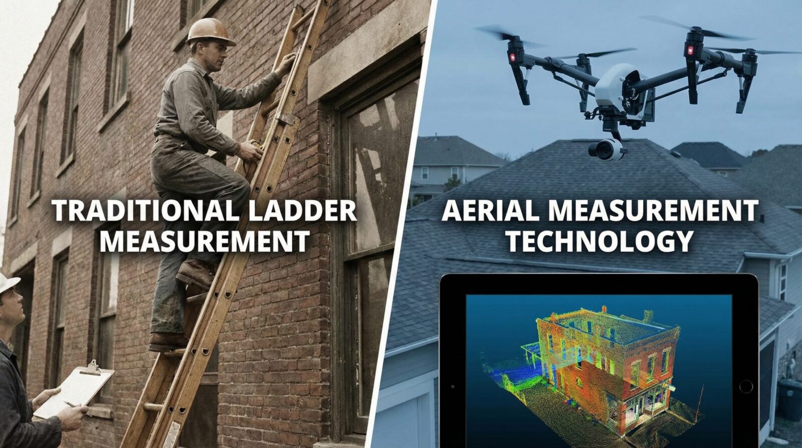 Split screen comparison showing traditional ladder measurement vs aerial measurement technology